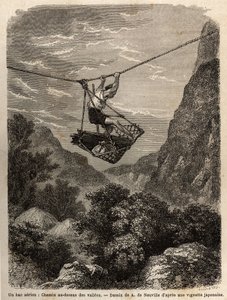 Eine Luftfähre, Weg über die Täler, eine Art Seilkorb ist an einem Seil aufgehängt, zum Transport von Menschen und Materialien, seine Bewegung erfolgt durch die Kraft der Arme, die das Aufhängeseil ziehen. Gravur zur Illustration der Reise nach Japan in