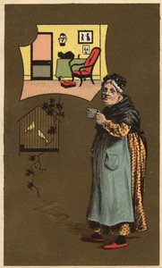 Eine alte Frau hält eine Tasse in der Nähe eines Käfigs mit Vögeln. Anonyme Chromolithographie, Ende des 19. Jahrhunderts.