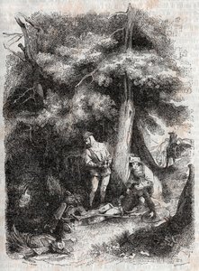 Angelique rettet Medor - Gravur von 1851 aus „Roland furieux“ (Orlando furioso) (16. Jahrhundert) von Ludovico Ariosto, bekannt als der Ariosta - Ausgabe übersetzt aus dem Italienischen von Graf von Tressan und veröffentlicht von Gustave Harvard
