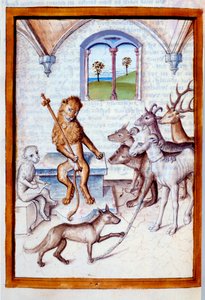 Tiere in menschlicher Haltung: Der Löwe, König der Tiere, gibt Ziegen, Hirschen und Rehen Befehle und hilft einem Feliden in der Haltung eines Schreibers. Miniatur aus Bidpais "Fabeln" ins Deutsche übersetzt von Unknown artist