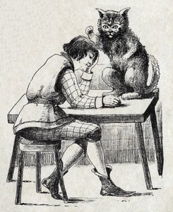 Anonyme Illustration für „Der gestiefelte Kater“, Märchen von Charles Perrault (1628-1703), französischer Schriftsteller. Bild von Marcel Vagne, Jarville Nancy, undatiert (spätes 19. Jahrhundert)