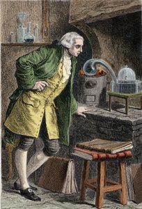 Antoine Laurent Lavoisier (1743-1894) französischer Chemiker, untersucht die Existenz von Sauerstoff in der Luft: Experiment, bei dem er Quecksilberoxid erhielt - Lavoisier in seinem Labor. Gravur des 19. Jahrhunderts.
