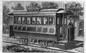 Anwendung von Faure-Batterien: Elektrische Straßenbahn, Modell der Omnibus-Gesellschaft, betrieben mit Batterien. Gravur in Le Monde Illustré
