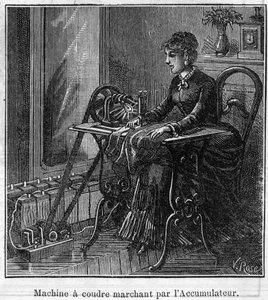 Anwendung von Faure-Batterien: elektrische Nähmaschine, die durch den Akku betrieben wird. Gravur in "Le Monde Illustré" von Unknown artist