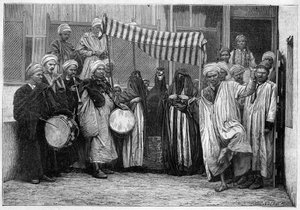Arabischer Brauch in Ägypten: Brautzug in Kairo. Gravur in „Le Monde Illustré“