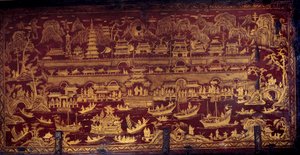 Ankunft der Portugiesen in Nanjing (Nanking oder Namquin), China. Schachtelabdeckung mit roter und goldener Farbe bemalt. 17. Jahrhundert