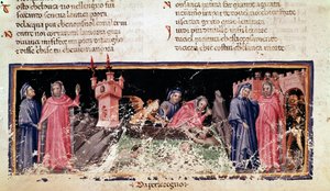 Links stehen Dante und Virgil am Ufer des Flusses Styx, dem düsteren Ufer des Acheron. In der Mitte fährt Charon Dante und Virgil, die sehr beunruhigt aussehen (Gesang 3 aus der Hölle, in der Göttlichen Komödie) - Miniatur
