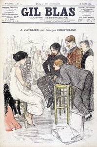 Im Atelier von Georges Courteline. Mann beobachtet eine Frau, die in einem Atelier posiert. In „Gil Blas“, am 18.03.1898 von Unknown artist