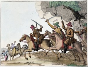 Angriff auf eine Kamelkarawane durch eine Gruppe von Kirgisen zu Pferd, Ende 19. Jahrhundert
