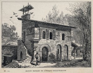 Barbarenhaus der gallo-römischen Zeit - (Barbarenhaus gallo-römische Ära) Gravur von 1889 in „Geschichte der menschlichen Behausung auf der Weltausstellung von 1889, von Herrn Charles Garnier - Zentralbibliothek der Schönen Künste Paris 1889 von Unknown artist