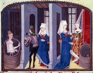 Badeszene. Ein Voyeur beobachtet durch ein Loch in der Wand eine nackte Frau bei ihrer Toilette von Unknown artist