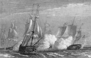 Seeschlacht von Ouessant im 18. Jahrhundert zwischen den Franzosen und den Engländern im Jahr 1778. In „Allgemeine Geschichte der Marine“ von Van Tenac von Unknown artist