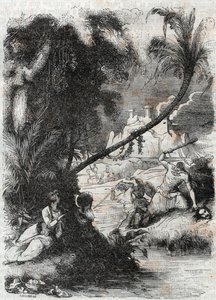 Schlacht von Griffon und Aquilant gegen Orrile - Gravur von 1851 aus „Furioser Roland“ (Orlando furioso) (16. Jahrhundert) von Ludovico Ariosto, bekannt als der Ariosta - Ausgabe übersetzt aus dem Italienischen von Graf von Tressan und veröffentlicht von G von Unknown artist