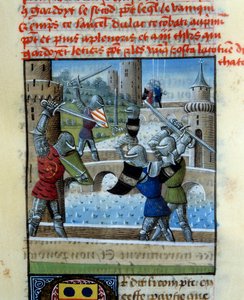 Ritterkampf Palamede und Artus. Miniatur im „Roman Du Grail“