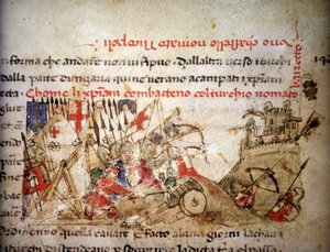 Schlacht von Nikopolis: Niederlage der Christen durch Bayazid I. (Türkei) am 28.09.1396 - in „Croniche del Sercambi“, um 1400. Nationalarchiv, Lucca von Unknown artist