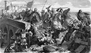 Schlacht von Taillebourg 1242, die kapetischen Truppen des Königs von Frankreich Ludwig IX. (Saint Louis) und sein Bruder der Graf von Poitiers Alphonse gegen die aufständischen Vasallen Heinrich III. von England und Hugues X. von Lusignan von Unknown artist