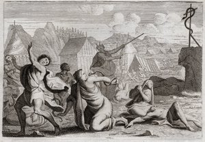 Bibel von Royaumont, Altes Testament: Eherne Schlange. Das Volk murrte gegen Gott und gegen Moses und wurde von Feuerschlangen bestraft; sie wurden von einer ehernen Schlange geheilt, die Moses erhob, damit sie von allen gesehen werden konnte. Illustration