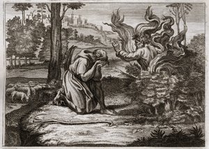 Bibel von Royaumont, Altes Testament: Der brennende Dornbusch. Gott spricht zu Mose aus der Mitte eines brennenden Dornbuschs. Illustration von 1811.