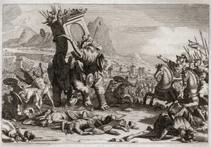 Royaumont-Bibel, Altes Testament: Mut von Eleazar. Der Seleukidenkönig Antiochos V. Eupator, Sohn des gottlosen Antiochos IV. Epiphanes (175-164 v. Chr.), kämpfte nach dem Tod seines Vaters gegen Judas Makkabäus. Außergewöhnliche Tat von Ele