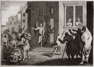 Royaumont-Bibel, Altes Testament: Verbrechen der Sodomiten. Loth empfängt Engel in seinem Haus. Die Sodomiten (Sodom) wollen sie vergewaltigen. Die Engel schlagen sie mit Blindheit. Illustration von 1811.