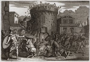 Bibel von Royaumont, Altes Testament: Tod von Abimelech. Abimelech wird von einer Frau getötet, die ihn mit einem Stein erschlägt. Illustration von 1811.