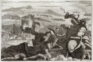 Bibel von Royaumont, Altes Testament: Tod des Judas. Niederlage von Demetrios I. Soter und Nikanor. Tod von Judas Makkabäus in der Schlacht. Illustration von 1811.