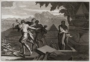 Bibel von Royaumont, Altes Testament: Auferstehung eines Toten. Ein Toter wurde zufällig in das Grab von Elisa geworfen und erweckte zum Leben, als er seine Knochen berührte. Illustration von 1811. von Unknown artist