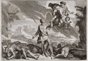 Bibel von Royaumont, Altes Testament: Die Niederlage der Philister. Samson tötet tausend Philister mit einem Eselskinnbacken. Gott lässt Wasser aus dem Kinnbacken fließen, damit Samson seinen Durst stillen kann. Illustration von 1811.