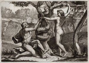 Bibel von Royaumont, Altes Testament: Der Sündenfall. Der Dämon in Gestalt einer Schlange spricht zu Eva und verführt sie, die verbotene Frucht zu essen: Eva fällt und verführt auch Adam. Illustration von 1811.