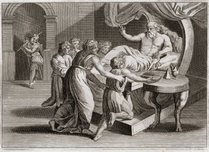 Bibel von Royaumont, Altes Testament: Isaak segnet Jakob. Isaak, der Esau segnen wollte, gibt seinen Segen durch die Weisheit Rebekkas an Jakob, dem er nach dem Plan Gottes gehörte. Illustration von 1811.