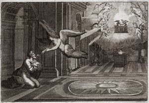 Bibel von Royaumont, Altes Testament: Jesaja der Prophet. Ein Seraphin nahm mit seiner Zange eine glühende Kohle vom Altar und berührte die Lippen dieses heiligen Propheten, um ihn von allen seinen Flecken zu reinigen. Illustration von 1811.