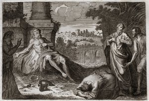 Bibel von Royaumont, Altes Testament: Hiob auf dem Misthaufen. Der heilige Mann Hiob wird vom Dämon versucht, der ihm all sein Gut und alle seine Kinder nimmt, ihn mit einer schrecklichen Wunde schlägt und ihm nur seine Frau lässt, die ihn ungeduldig trägt