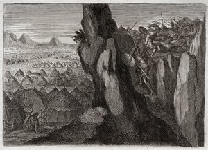 Bibel von Royaumont, Altes Testament: Jonathan und sein Knappe. Jonathan, der Sohn von König Saul, geht allein mit seinem Knappe ins Lager der Philister und schlägt sie in die Flucht. Illustration von 1811. von Unknown artist