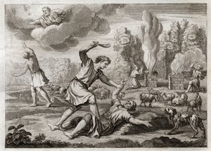 Royaumont-Bibel, Altes Testament: Mord an Abel. Kain trägt seinen Bruder aus Neid gegen Abel hinaus aufs Land, als ob er spazieren gehen wollte, und tötet ihn. Illustration von 1811.