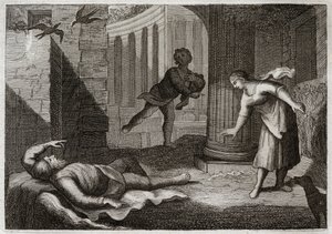Bibel von Royaumont, Altes Testament: Der heilige Tobit erblindet. Der heilige Mann Tobit erblindet und erträgt dieses Übel mit äußerster Geduld. Illustration von 1811. von Unknown artist