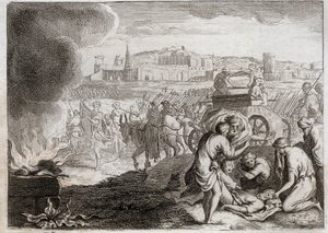 Royaumont-Bibel, Altes Testament: Oza wird von Gott geschlagen. David will die Bundeslade nach Hause bringen. Oza starb, als er seine Hand darauf legte, um sie vor dem Fallen zu bewahren. Illustration von 1811