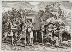 Royaumont-Bibel, Altes Testament: Durchquerung des Jordan. Josua bringt den Jordan zum gesamten Volk. Dieser Fluss trocknet aus, und die Priester, die die Bundeslade trugen, kamen hinein; und die Wasser stiegen auf und blieben wie ein Berg hängen. I von Unknown artist