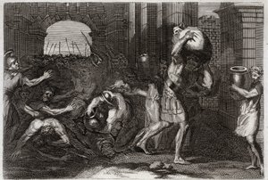 Royaumont-Bibel, Altes Testament: Vorhersage von Elisa. Ein Herr von Samaria, der die Worte von Elisa missverstanden hat, wird zu seinen Füßen niedergetrampelt. Illustration von 1811