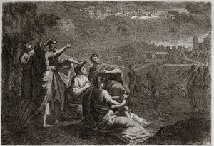 Royaumont-Bibel, Altes Testament: Prophezeiungen über Jerusalem. Gott hat Waffen in die Luft über Jerusalem gegeben, um ihr die Übel zuzufügen, die auf sie herabregnen sollten. Illustration von 1811. von Unknown artist