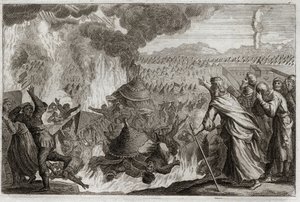 Royaumont-Bibel, Altes Testament: Bestrafung durch himmlisches Feuer. Korach (Kore), Dathan (Datan, Nathan) und Abiram (Abriron), die gegen Mose murren und die Herrschaft beanspruchen, werden alle lebendig zerstört, und die Erde öffnet sich, um sie zu vers von Unknown artist