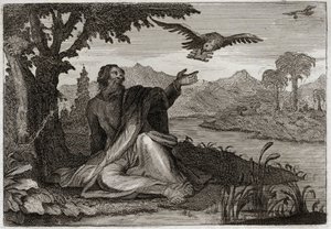 Bibel von Royaumont, Altes Testament: Raben des Elija. Gott schlug die Erde mit einer dreijährigen Dürre und schickte den Propheten Elija an einen Bach, wo ihm zwei Raben Nahrung brachten. Illustration von 1811.