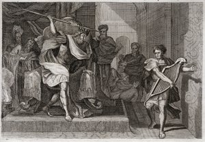Royaumont-Bibel, Altes Testament: Saul will David töten. Saul, voller Zorn und Neid gegen David, will ihn mit seinem Speer durchbohren, als er vor ihm die Harfe spielte. Illustration von 1811.