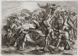 Royaumont-Bibel, Altes Testament: Sonnenstopp. Josua verfolgt seine amoritischen Feinde (Amoriter) und lässt die Sonne stillstehen, damit er mehr Zeit hat, sie zu besiegen. Illustration von 1811.
