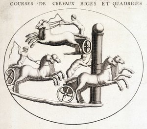 Biges und Quadrigen Pferderennen. Gravur des 19. Jahrhunderts