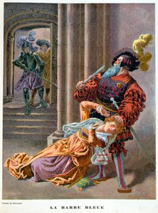 Blaubart (überrascht, wie er eine Frau an den Haaren packt). Illustration des 19. Jahrhunderts. von Unknown artist