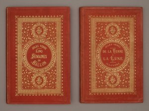 Buchcover „Fünf Wochen im Ballon“ und „Von der Erde zum Mond“ von Jules Verne