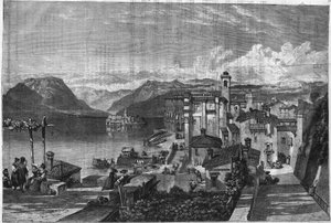 Die Borromäischen Inseln des Lago Maggiore in Italien: Blick auf Isola Bella. Gravur in „L