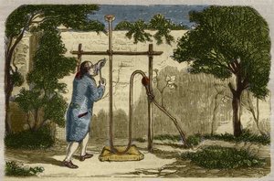Botanik: Experiment von Stephen Hales (1677-1761) über die Aufstiegskraft des Saftes im Jahr 1727. Gravur von 1859 in „Le Musée Des Sciences“ von Unknown artist
