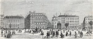 Boulevard des Italiens mit dem Café de Paris, der Rue Taitbout, dem Haus Dorée, der Rue Lafitte, dem Café Riche und der Rue Lepelletier - Gravur in „Tableau-de-Paris“ von Edmond Texier 1852