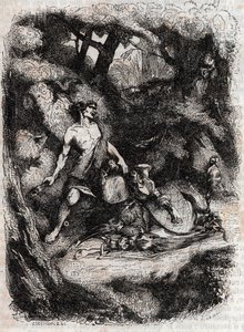 Bradamante von einem Riesen niedergeschlagen - Gravur von 1851 aus „Roland furieux“ (Orlando furioso) (16. Jahrhundert) von Ludovico Ariosto, bekannt als der Ariosta - Ausgabe übersetzt aus dem Italienischen von Graf von Tressan und veröffentlicht von Gust